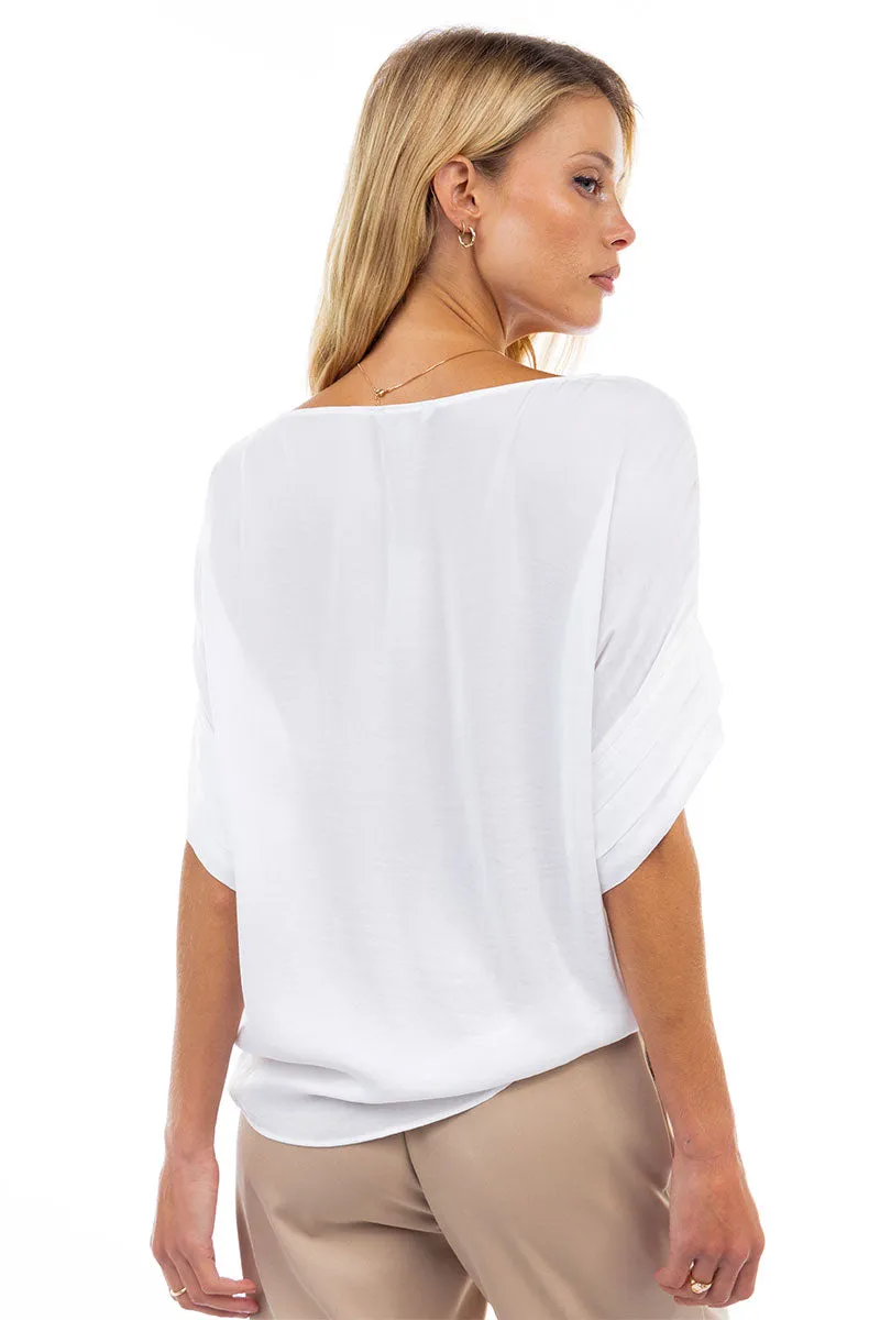 V-Neck Satin Top With Self Bands Sleeve Detail