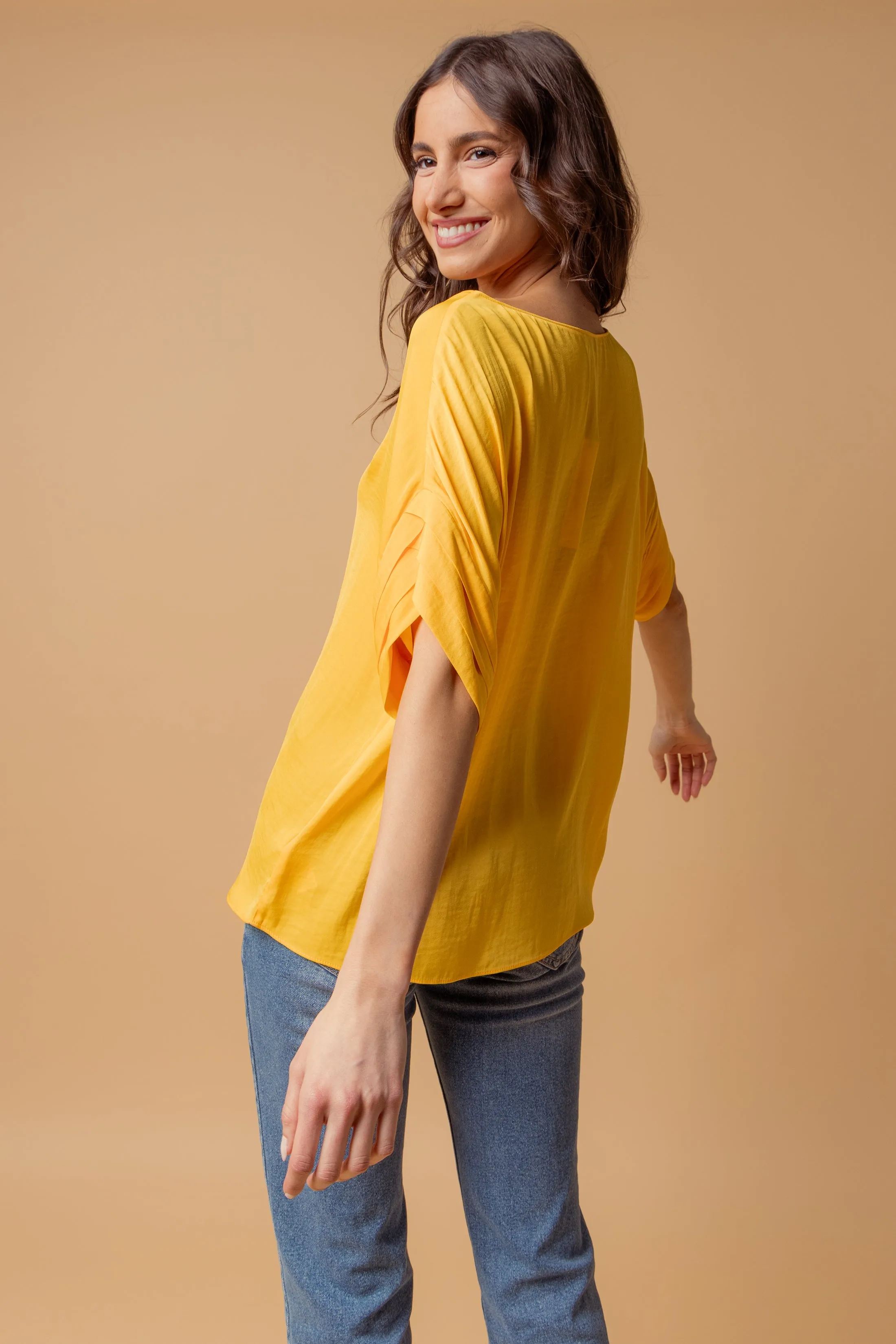 V-Neck Satin Top With Self Bands Sleeve Detail
