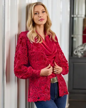 Velvet Floral Lace Hip Length Duster Racing Red