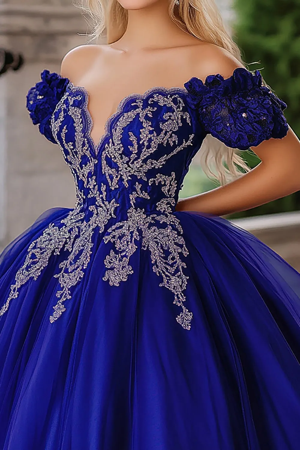 Vestido de bola azul real fora do ombro tule vestido quinceanera com apliques