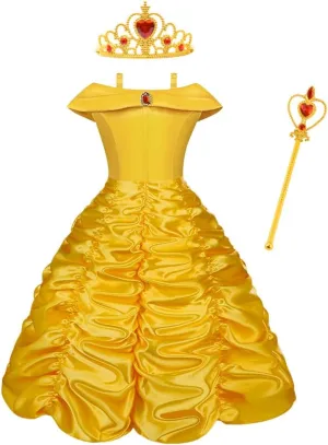Vicloon Princess Belle Costume Dress, 3 Pcs Little Girl Princess Dresses Fancy Party Dress 8-9 years- new but wand missing jewel, not original packaging