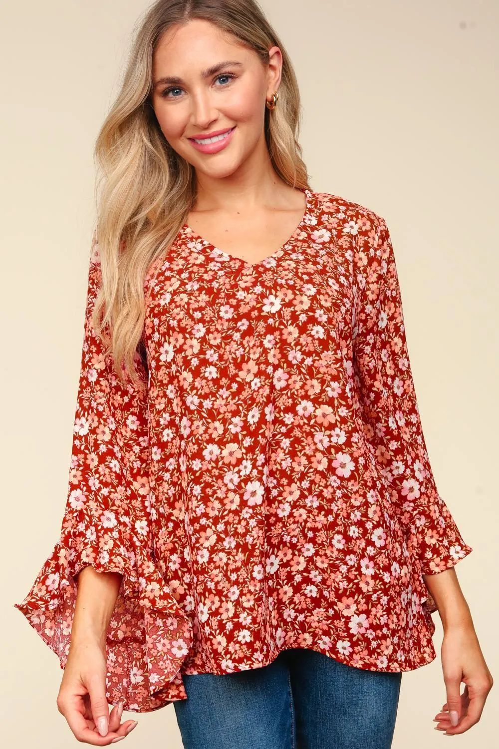 Waterfall Hi-Low 3/4 Sleeve Woven Blouse