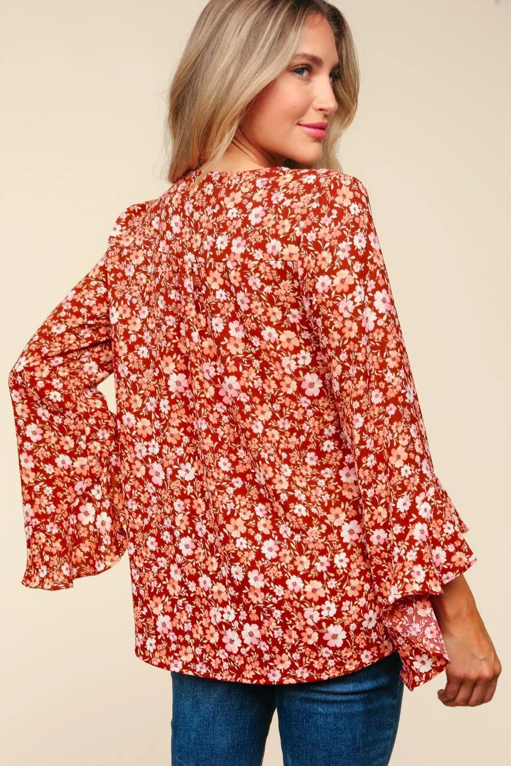 Waterfall Hi-Low 3/4 Sleeve Woven Blouse