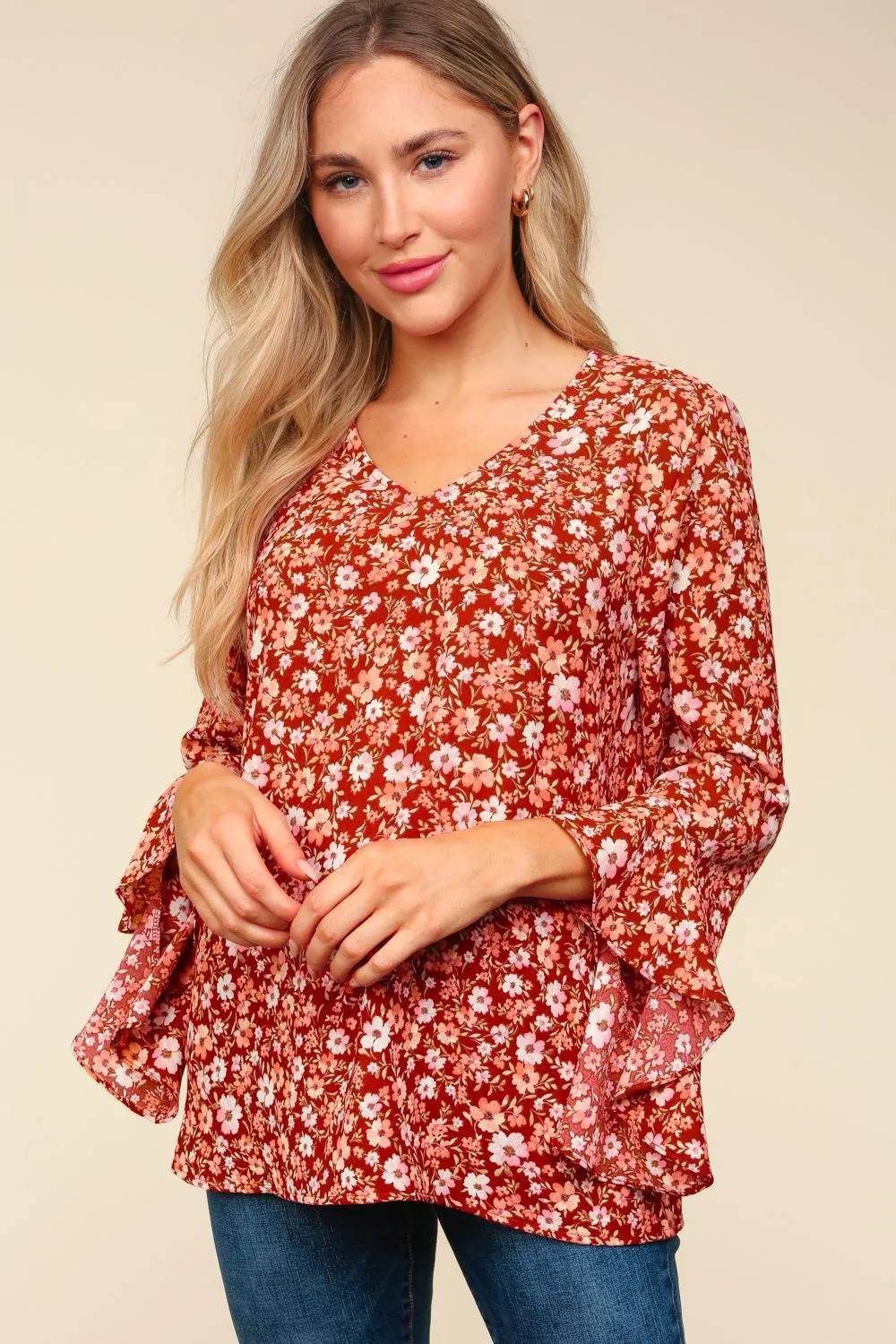 Waterfall Hi-Low 3/4 Sleeve Woven Blouse