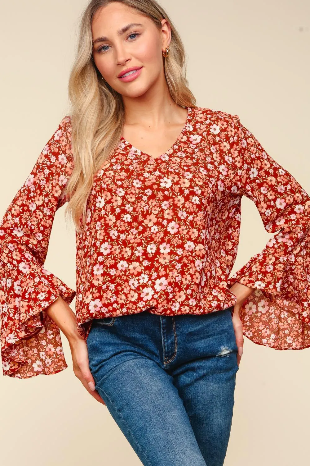 Waterfall Hi-Low 3/4 Sleeve Woven Blouse