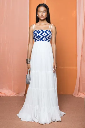 White & Blue Tiered Maxi Dress