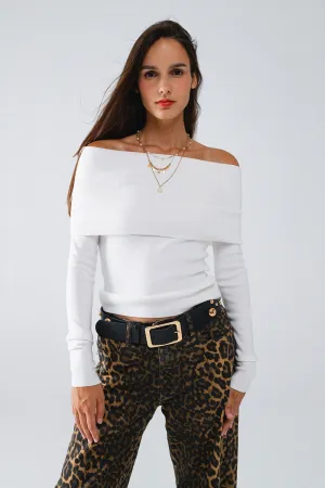 White fine knit sweater with wide boat neck