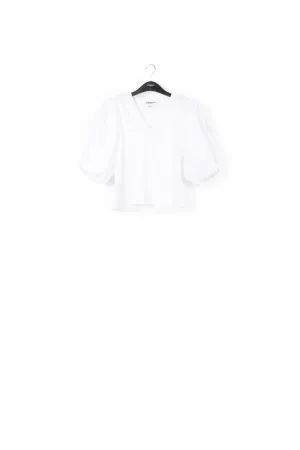 White jersey v-neck t-shirt with cotton-poplin sleeves