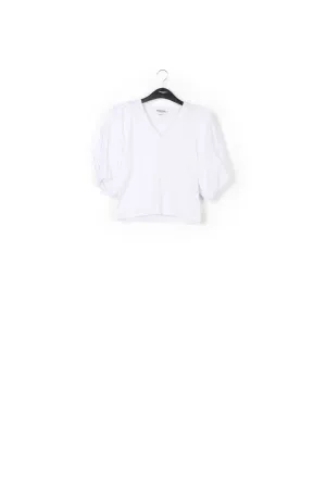 White jersey v-neck t-shirt with cotton-poplin sleeves