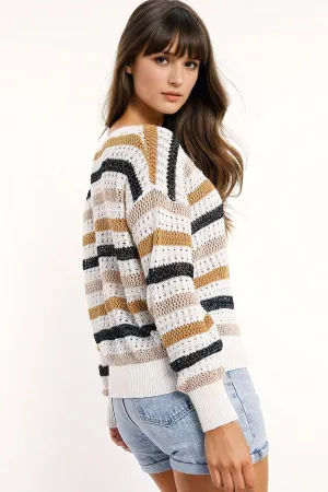 White knit sweater with multicolored stripes