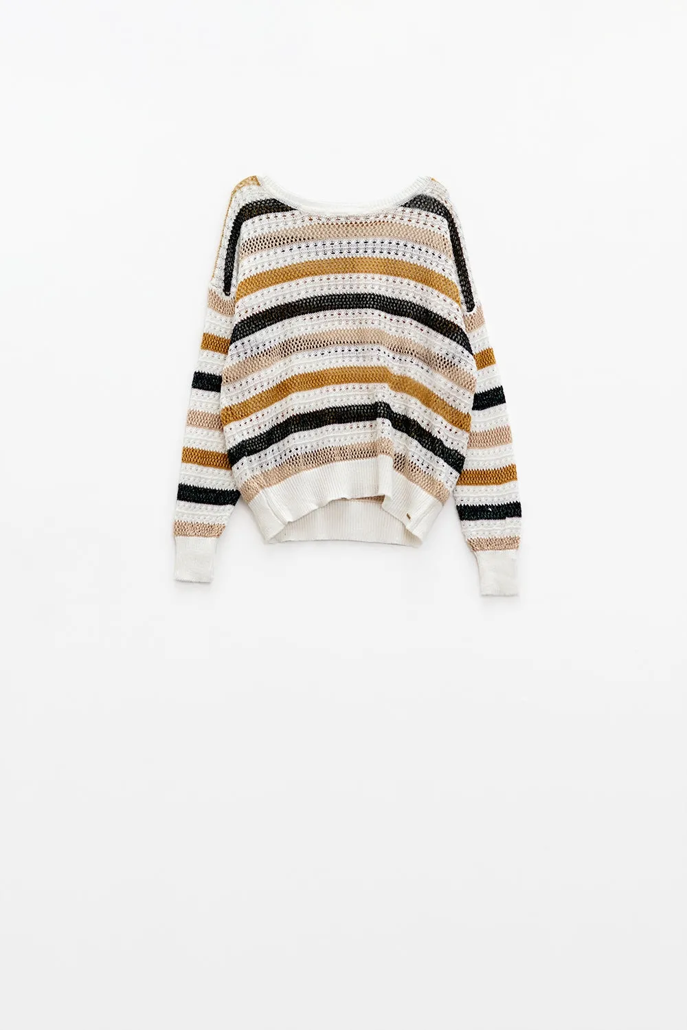 White knit sweater with multicolored stripes
