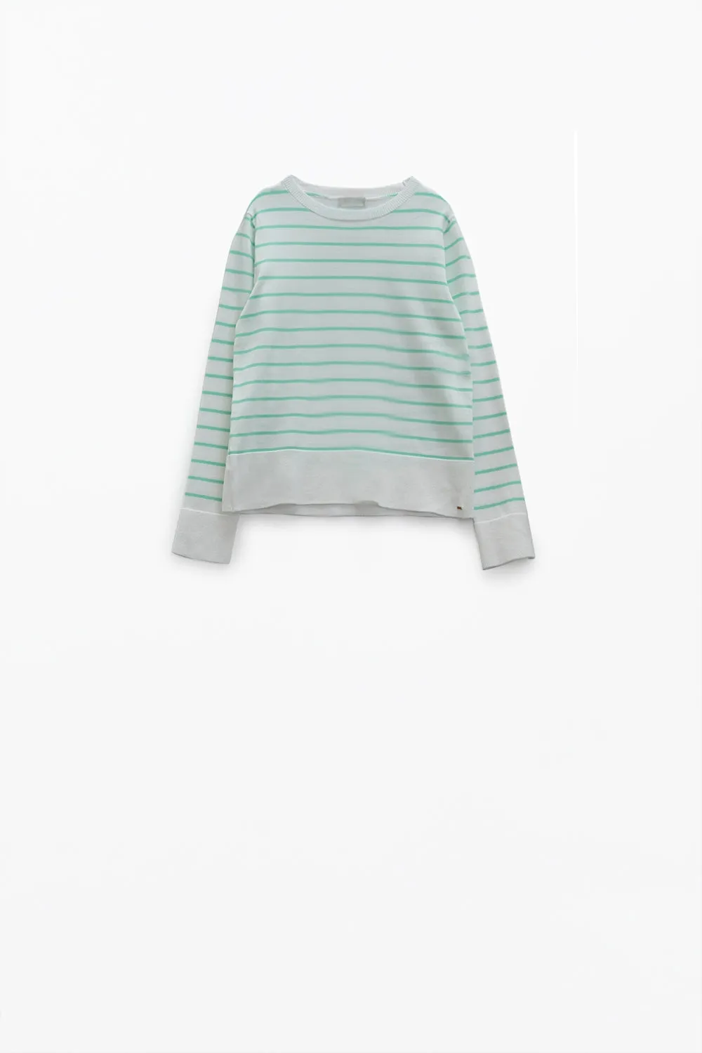 White long sleeves sweater with light green stripes
