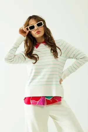 White long sleeves sweater with light green stripes
