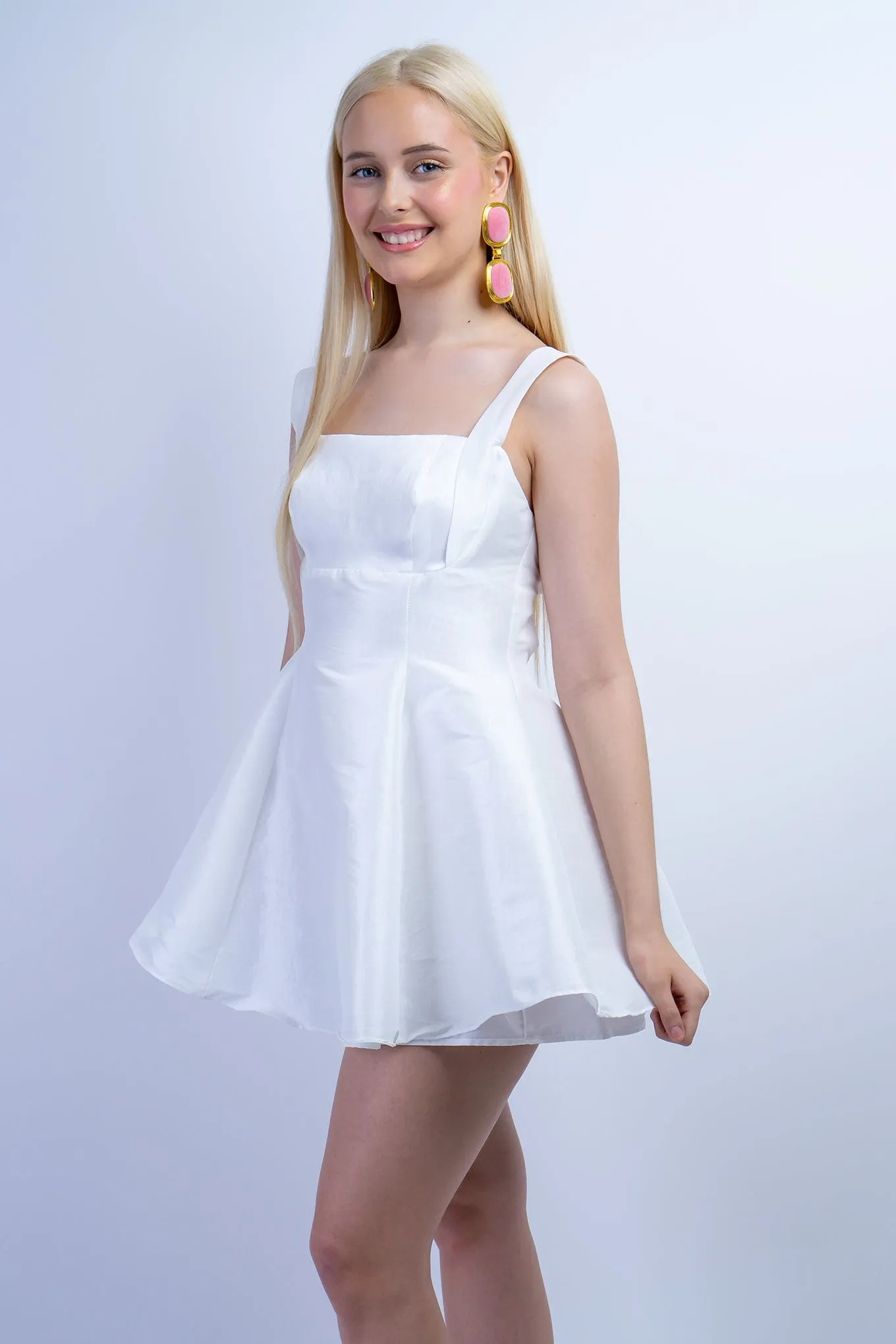 White Satin Square Neck Flared Dress