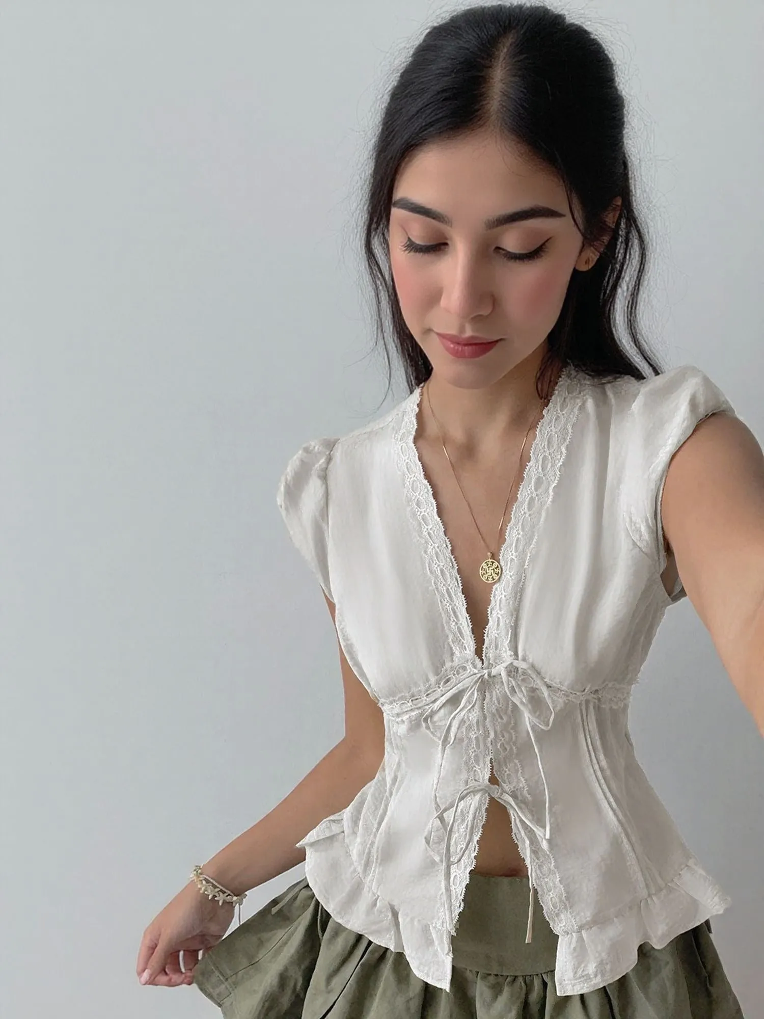 White Top With Front Tie Up And Puff Sleeves