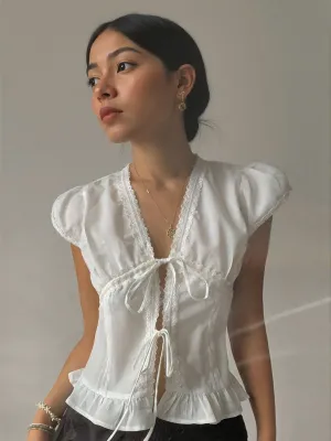 White Top With Front Tie Up And Puff Sleeves