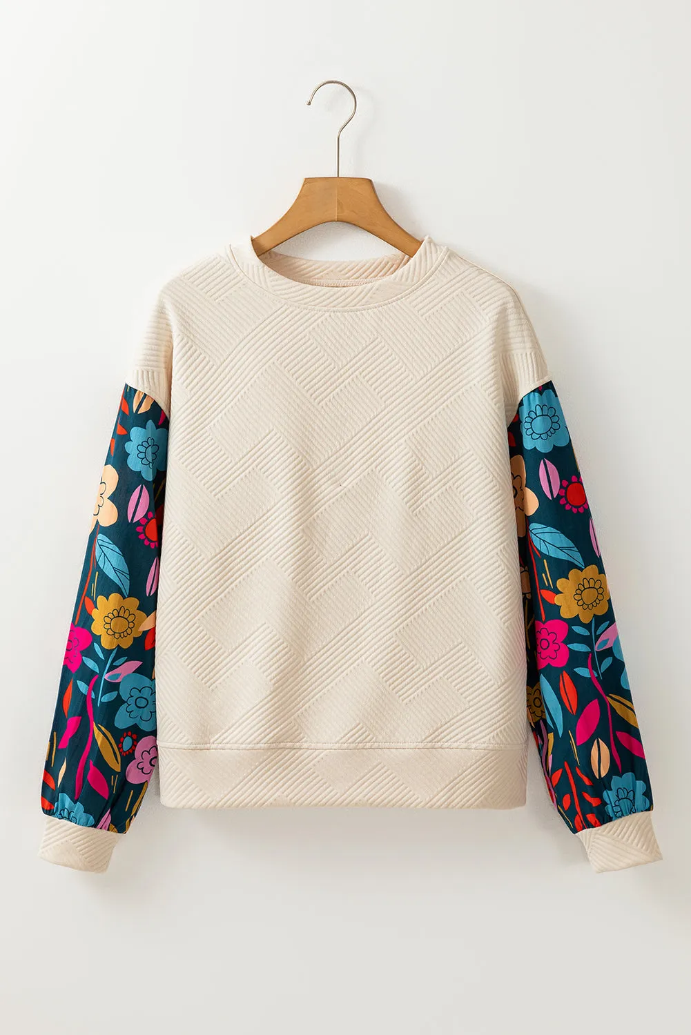 White Vintage Flower Patchwork Sleeve Textured Top