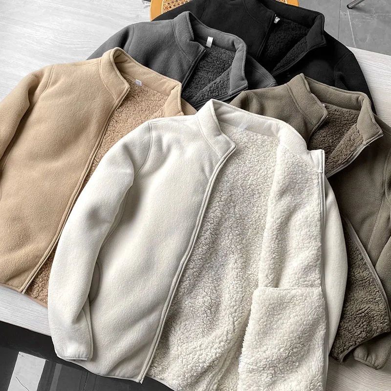 Winter Fleece Jacket Solid Color Sherpa Casual Coat