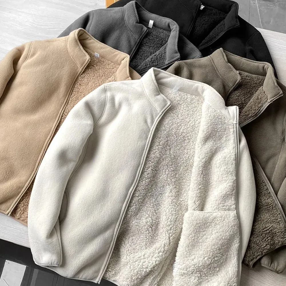 Winter Fleece Jacket Solid Color Sherpa Casual Coat