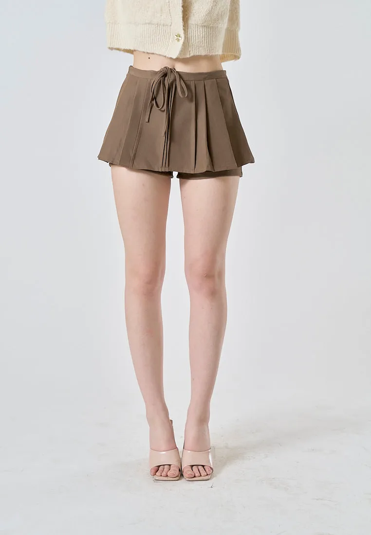 Wisdom Mocha Brown Drawstring Waist Pleated Sexy Mini Skort