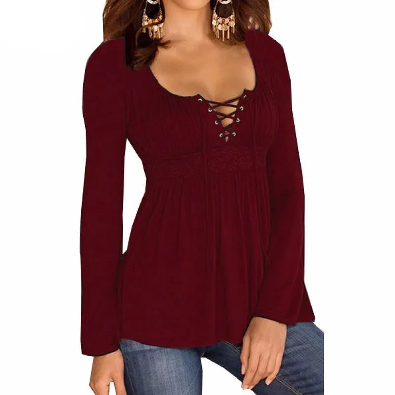 Women Blouses V Neck Long Sleeve Lace Patchwork Solid Tops Casual Plus Size Blouses Oversized