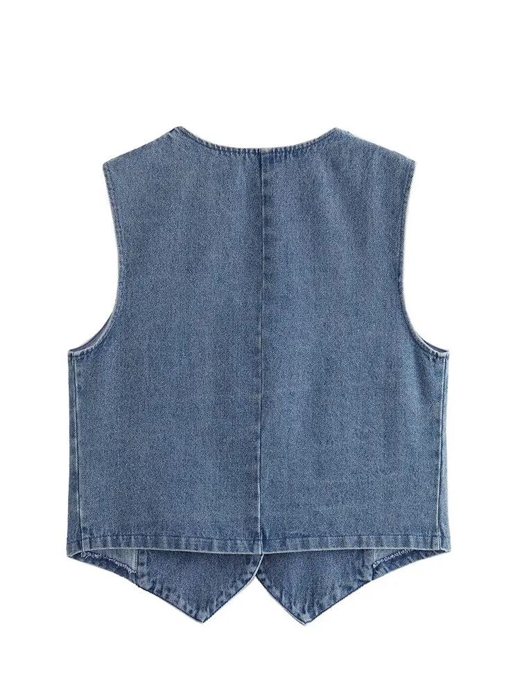 Women Blue Denim Waistcoat