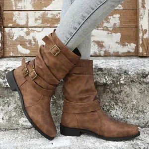 Women Boots European and American Fashion Buckle Pleated Short Boots Autumn and Winter New Flat Boots Women Shoes