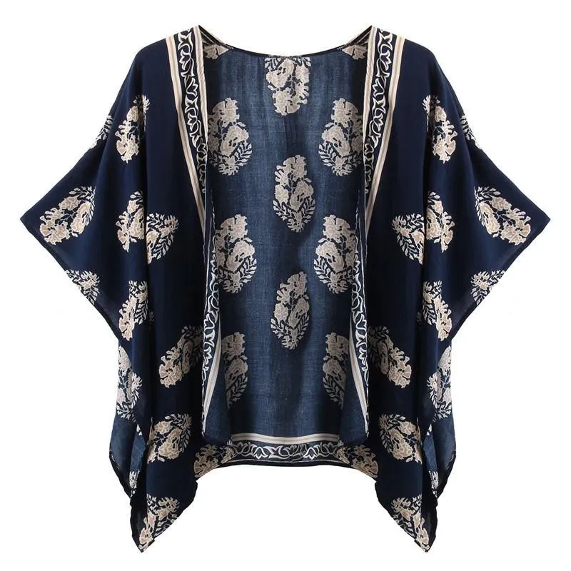 Women Casual Loose Bat Half Sleeve Blouses Tops Jackets Print Cardigan Coats Outwear