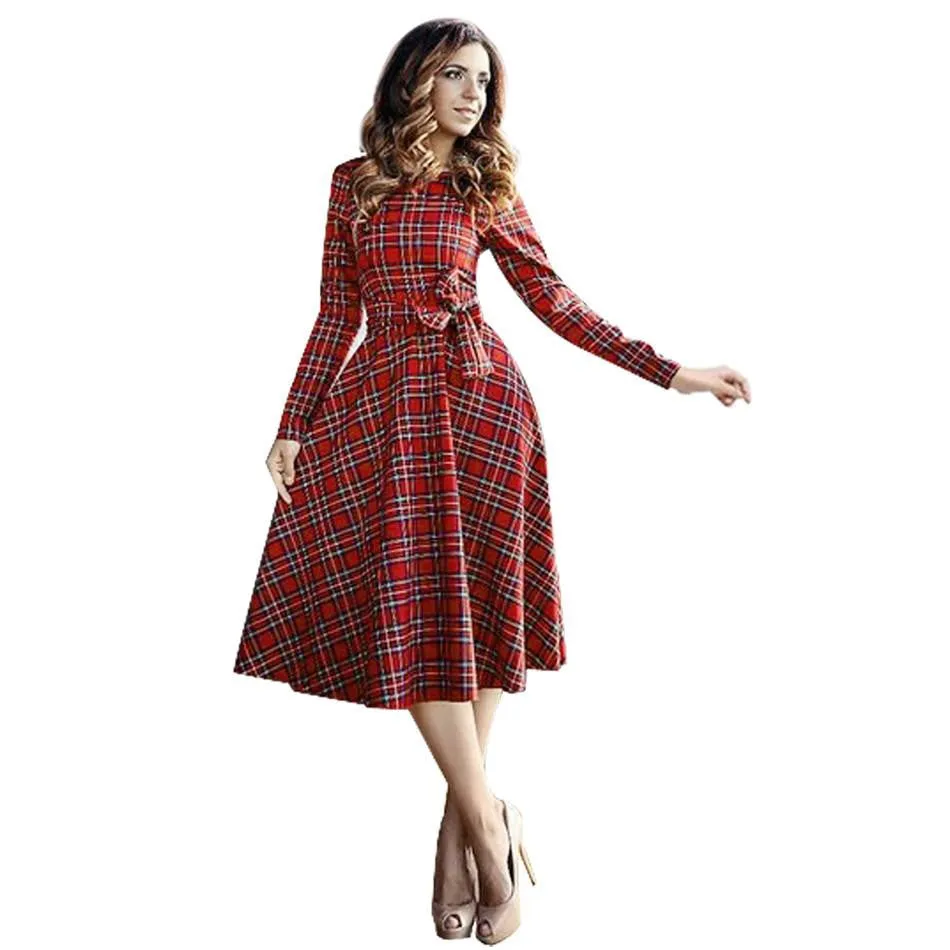 Women Dress Long Sleeve Knee Length Midi Dress Slim Bodycon Red Plaid Dress Women Dresses Office Vestidos