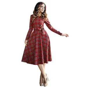 Women Dress Long Sleeve Knee Length Midi Dress Slim Bodycon Red Plaid Dress Women Dresses Office Vestidos