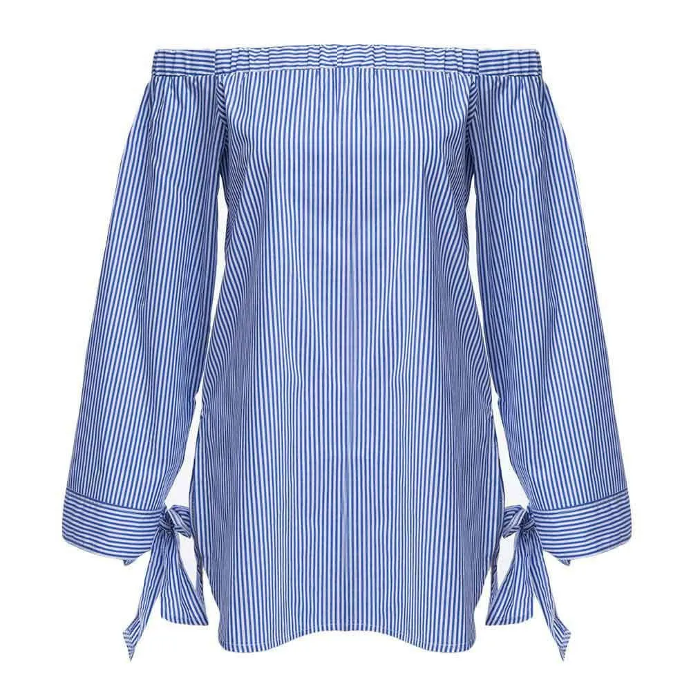 Women Elegant Blue White Striped Blouse Off The Shoulder Blouses Slash Neck Long Sleeve Bow Tops