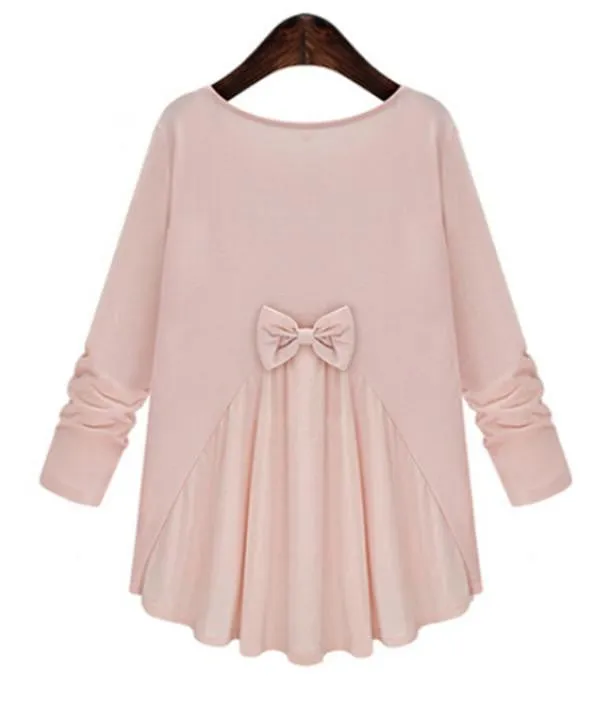 Women Fashion Bow O-neck Ruffles Blouse Long Sleeve Solid Women Shirts Casual All-match Plus Size Tops