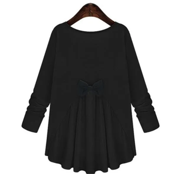 Women Fashion Bow O-neck Ruffles Blouse Long Sleeve Solid Women Shirts Casual All-match Plus Size Tops