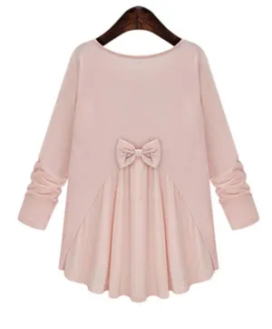 Women Fashion Bow O-neck Ruffles Blouse Long Sleeve Solid Women Shirts Casual All-match Plus Size Tops
