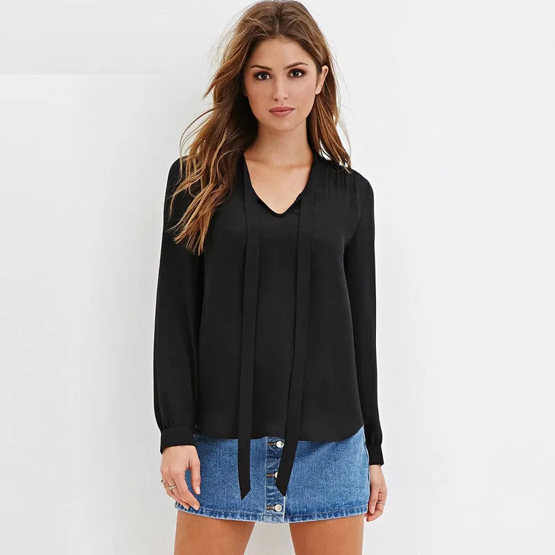 Women Fashion Casual Blouses Shirts Full Sleeve Bow Solid V-Neck Blouse