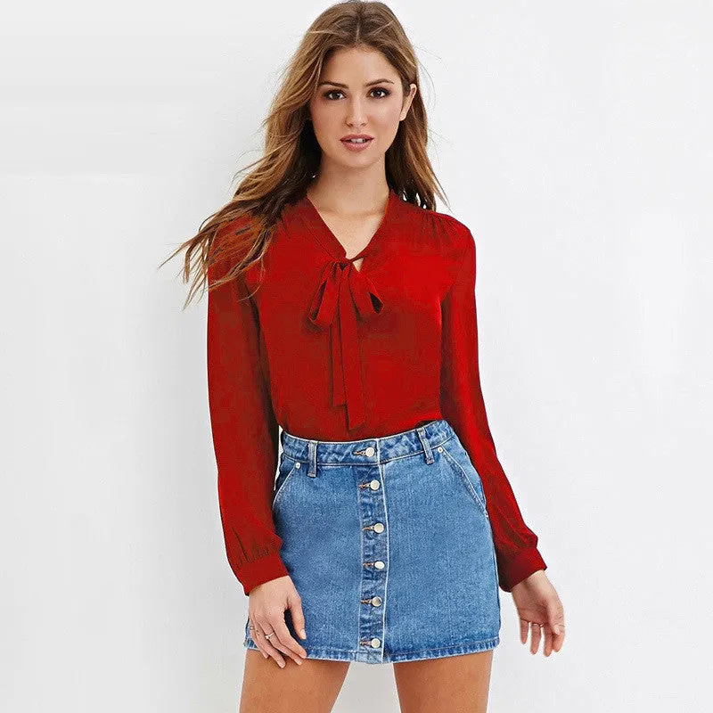 Women Fashion Casual Blouses Shirts Full Sleeve Bow Solid V-Neck Blouse