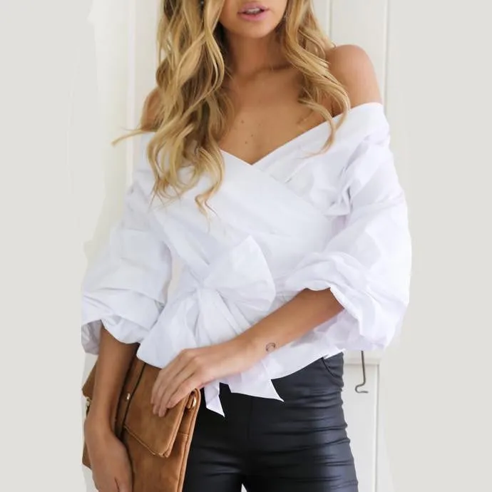 Women Long Sleeve Blouses Off Shoulder Bow Tie Tops Casual Plus Size Women Shirts