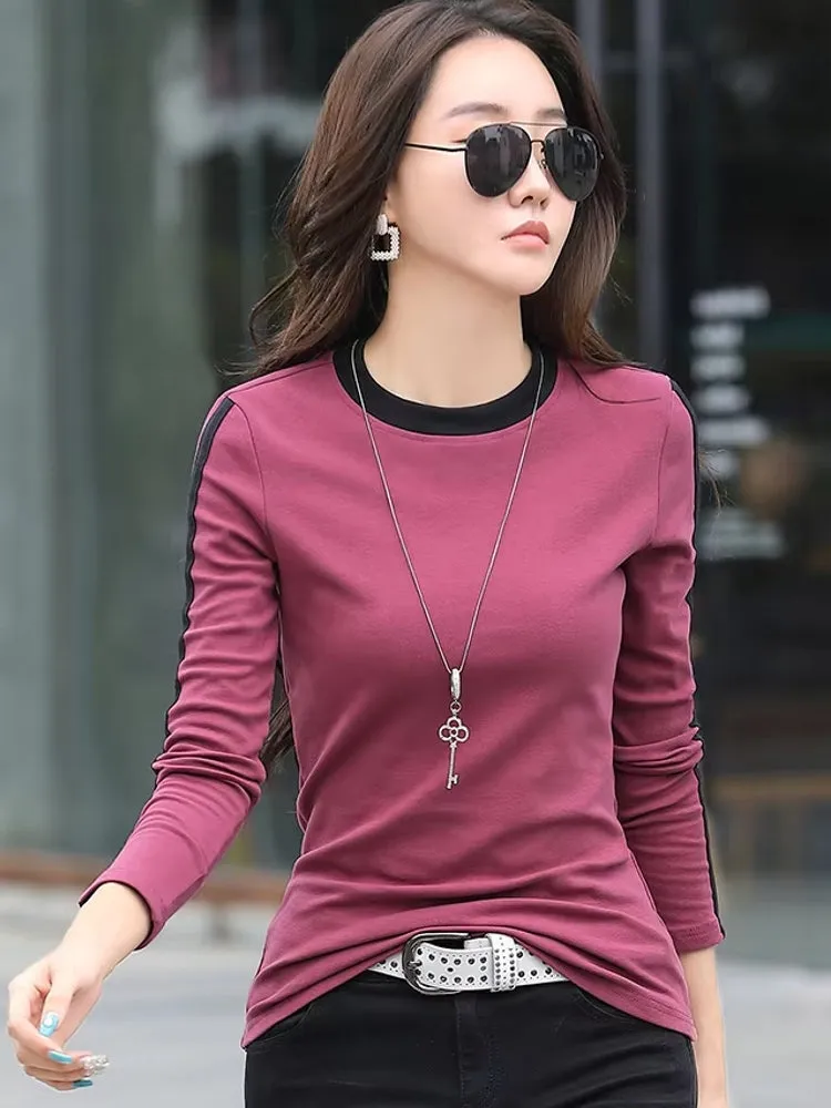 Women O-neck Stretch Cotton Skinny Basic T Shirt