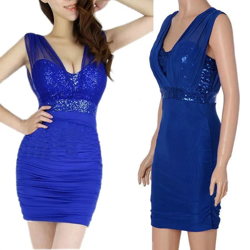 Women Sequin Stretch Bodycon Sleeveless V Neck Cocktail Party Mini Dress