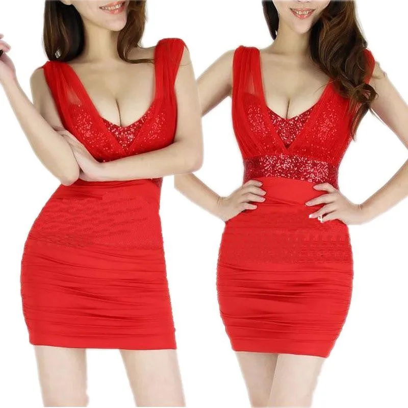 Women Sequin Stretch Bodycon Sleeveless V Neck Cocktail Party Mini Dress