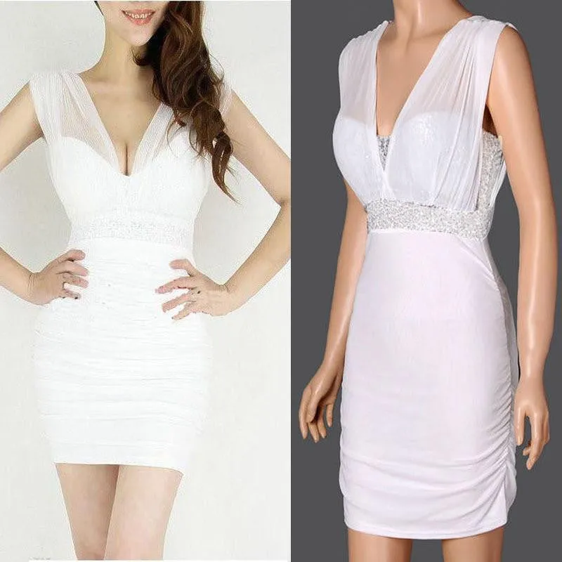 Women Sequin Stretch Bodycon Sleeveless V Neck Cocktail Party Mini Dress
