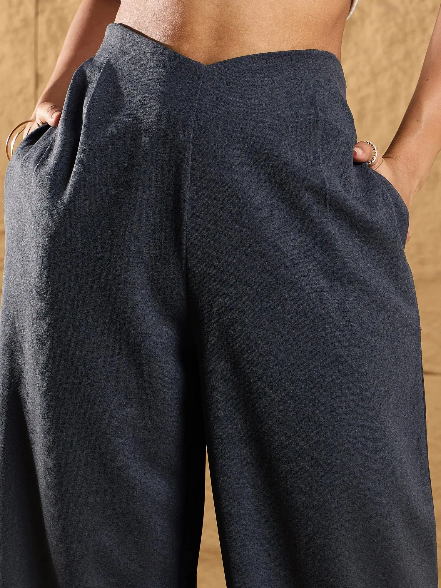 Women Steel Grey Front Pleated Comfort Fit Korean Pants-SFPANT50862