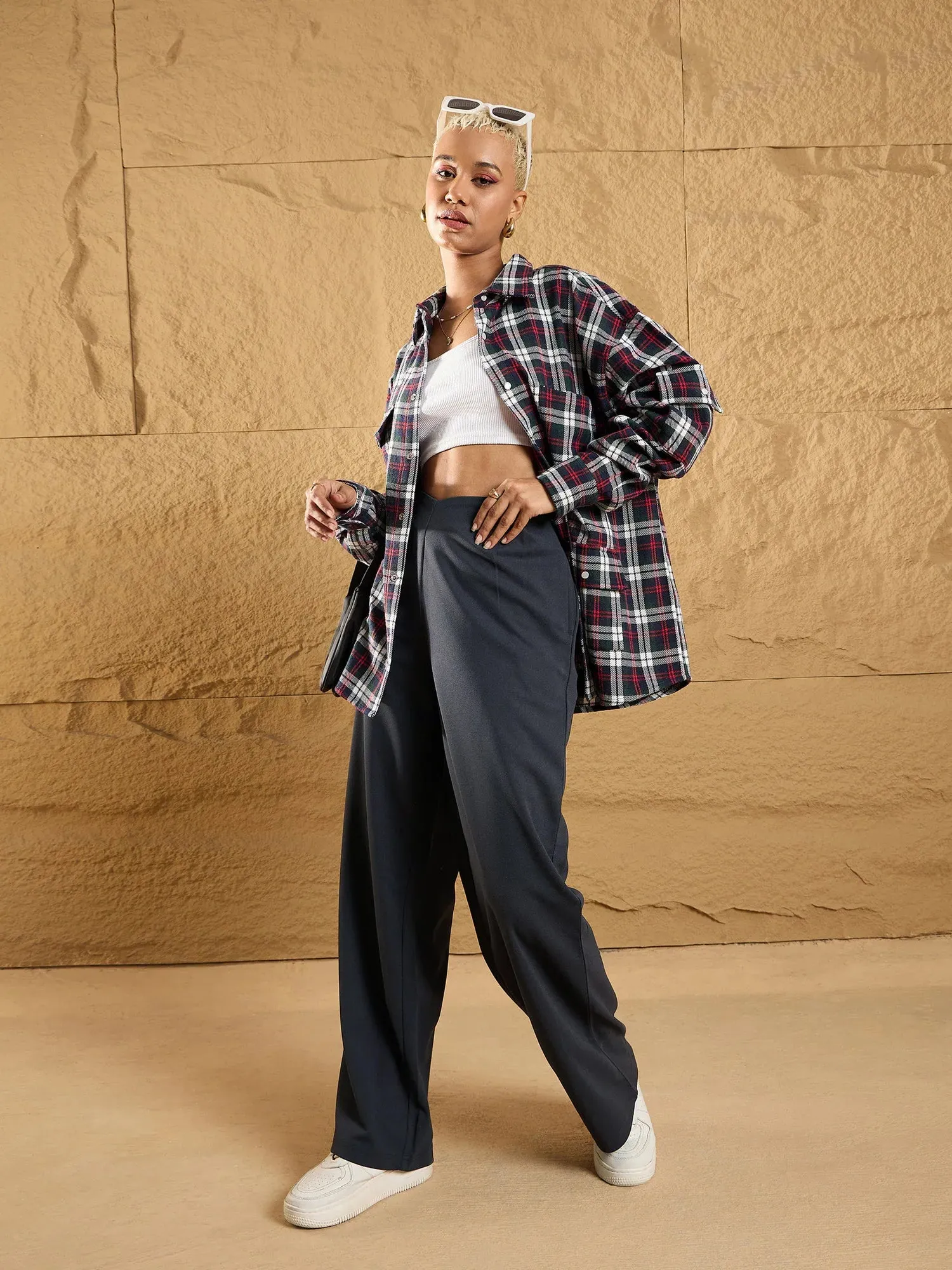 Women Steel Grey Front Pleated Comfort Fit Korean Pants-SFPANT50862
