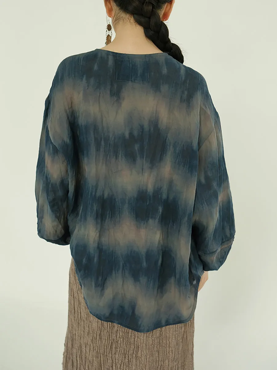 Women Summer Artsy Tie-dye O-Neck 100%Ramie Shirt