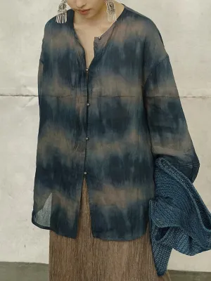 Women Summer Artsy Tie-dye O-Neck 100%Ramie Shirt