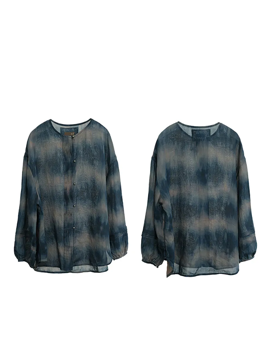 Women Summer Artsy Tie-dye O-Neck 100%Ramie Shirt