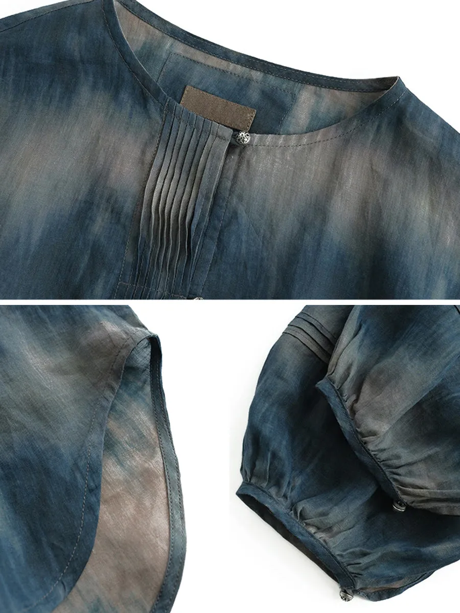 Women Summer Artsy Tie-dye O-Neck 100%Ramie Shirt