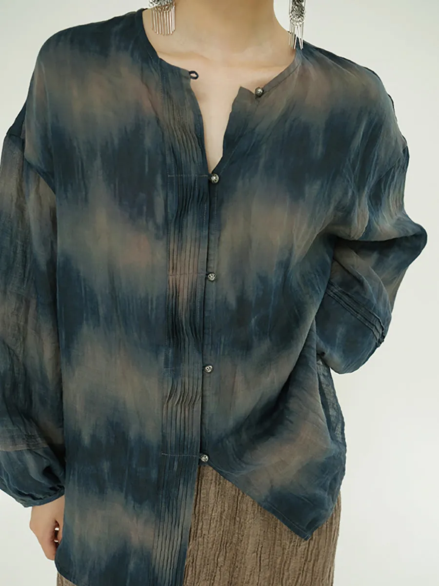 Women Summer Artsy Tie-dye O-Neck 100%Ramie Shirt