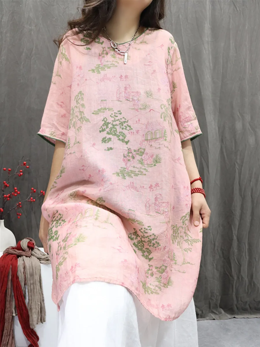 Women Summer Artsy V-Neck Flower 100%Ramie Shirt