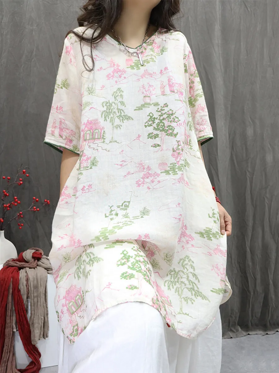Women Summer Artsy V-Neck Flower 100%Ramie Shirt